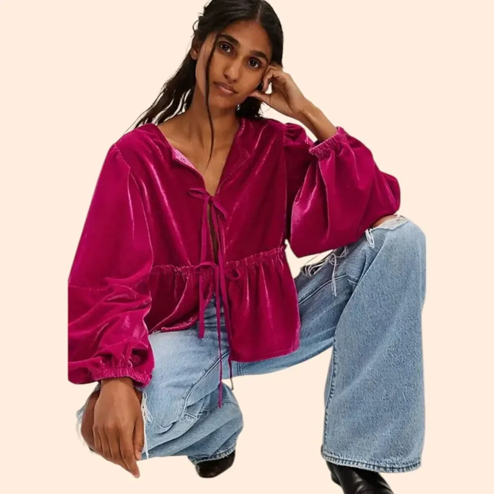 Free People Brunch Babe Velvet Blouse